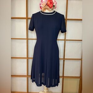 Blue and White Pleated Midi Dress with Sheer Top Layer